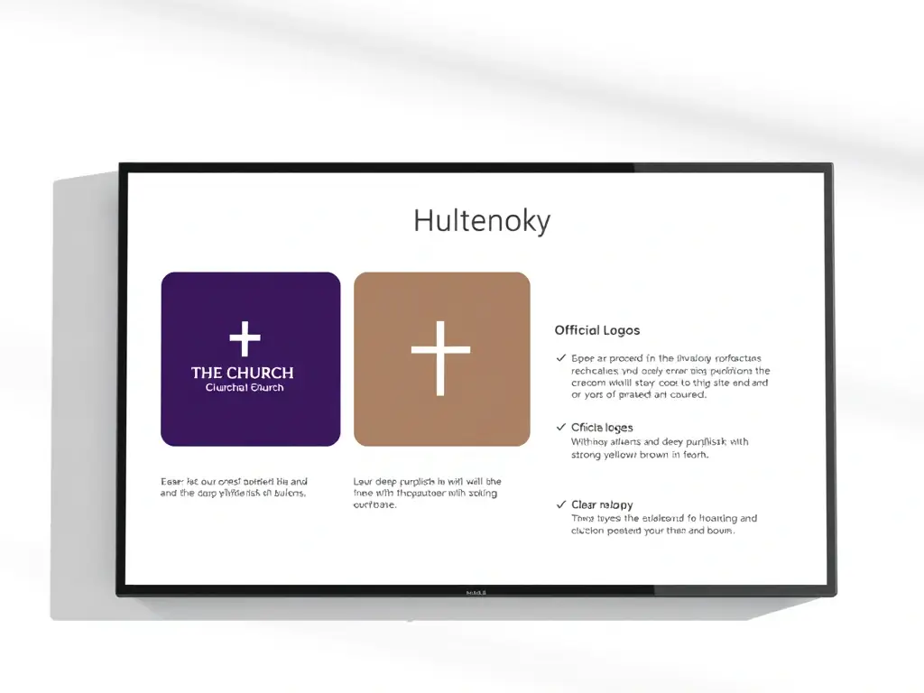 A visual representation of the church's branding guidelines, including logos, color palettes, and typography, displayed on a digital screen.