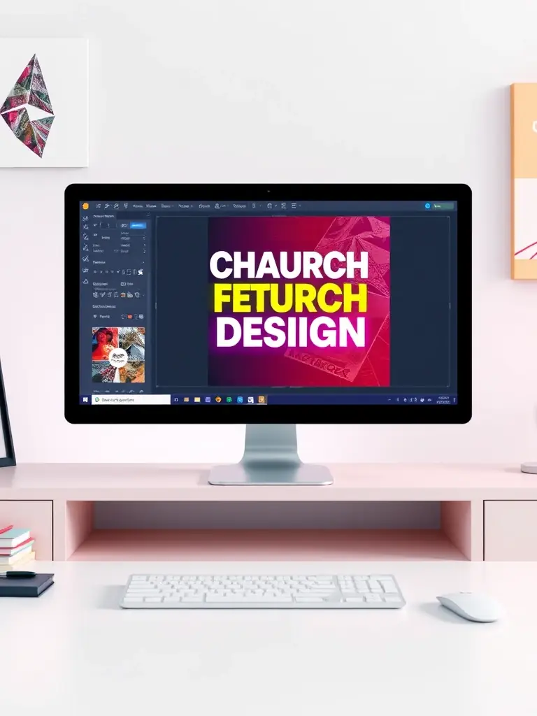 A graphic design tutorial interface displayed on a computer screen, demonstrating the creation of a church event poster with text overlays and image manipulation.