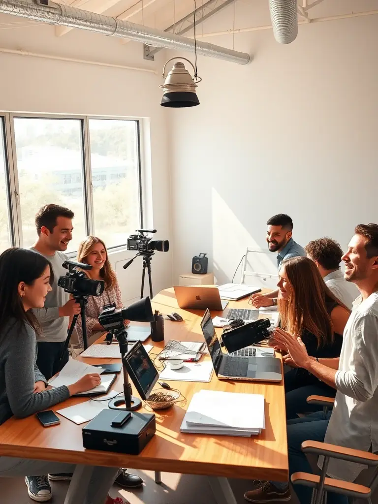 A high-resolution image of diverse church members collaborating on a video project, showcasing teamwork and inclusivity.