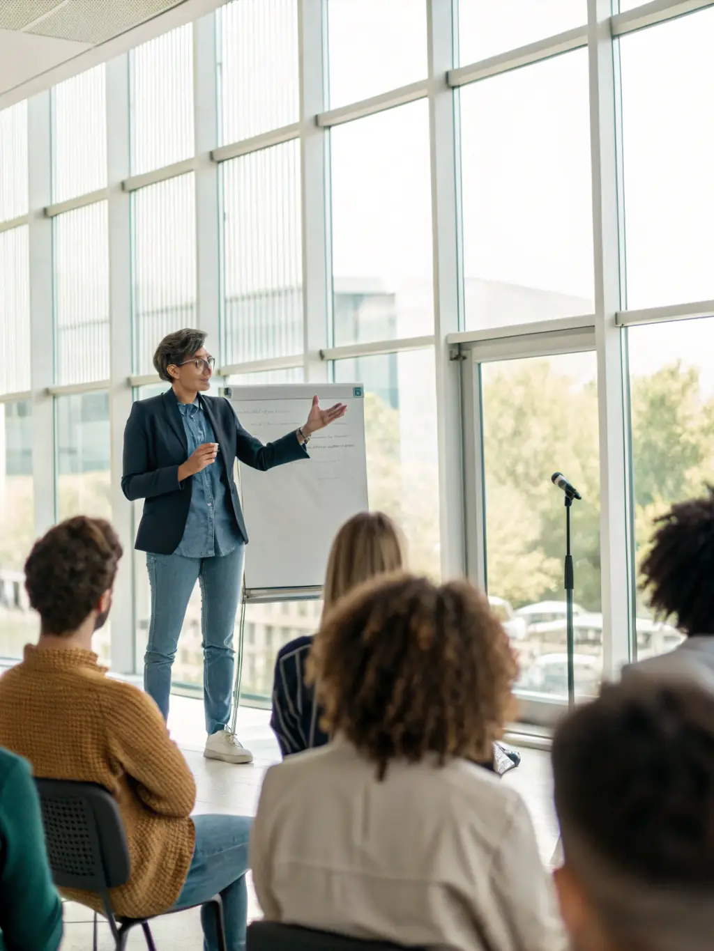 A person giving a presentation with a projector displaying a well-designed slide deck, focusing on the use of visuals and concise messaging.