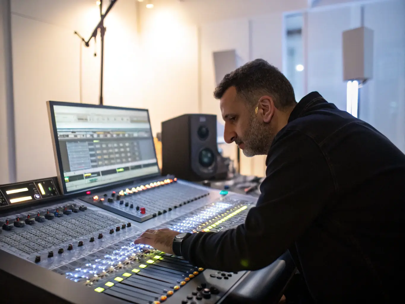 A photo of a sound engineer working on audio mixing for a church event, with audio equipment and software interface visible, illustrating the process of creating high-quality audio content.