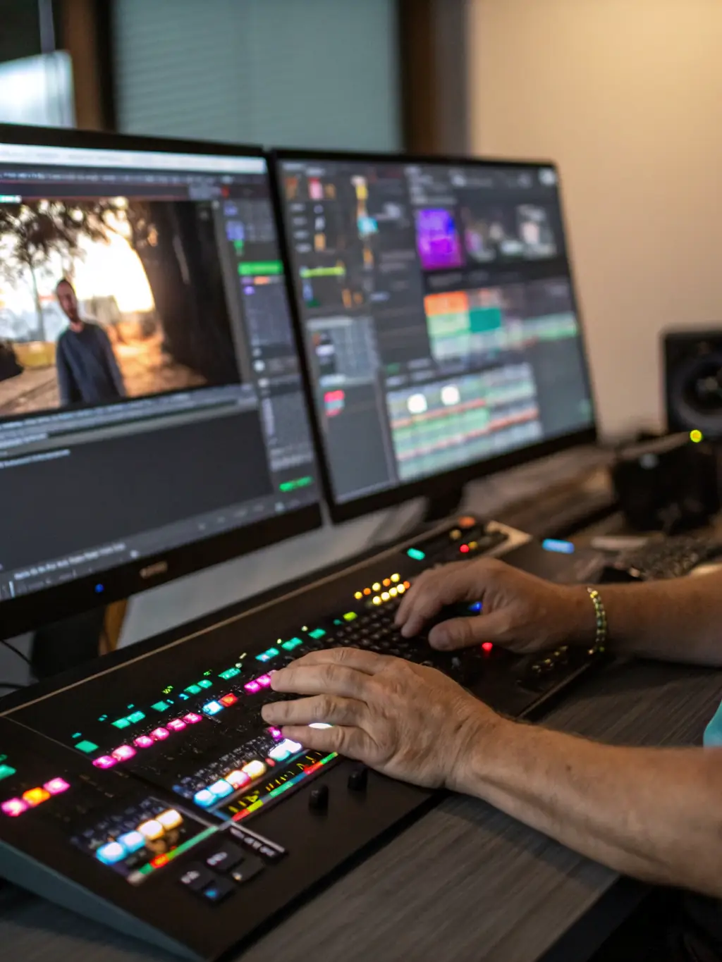 A close-up shot of hands editing a video on a professional editing software, showcasing color correction and audio adjustments, in a well-lit studio environment.