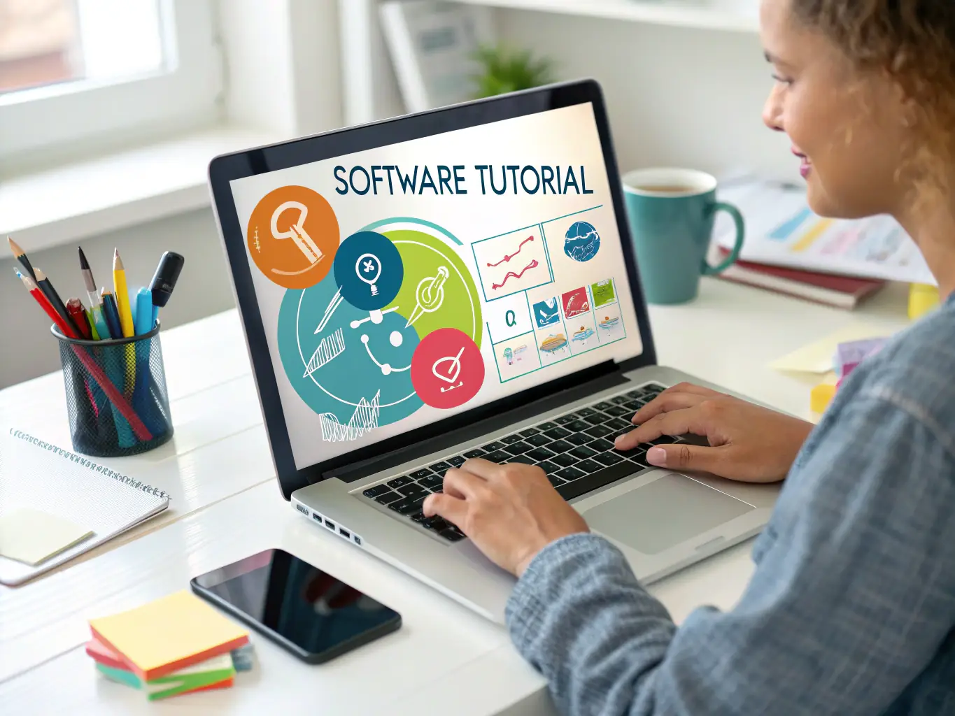 An image depicting a user following a tutorial on graphic design, with software interface visible and design elements highlighted, demonstrating the practical application of the guide.