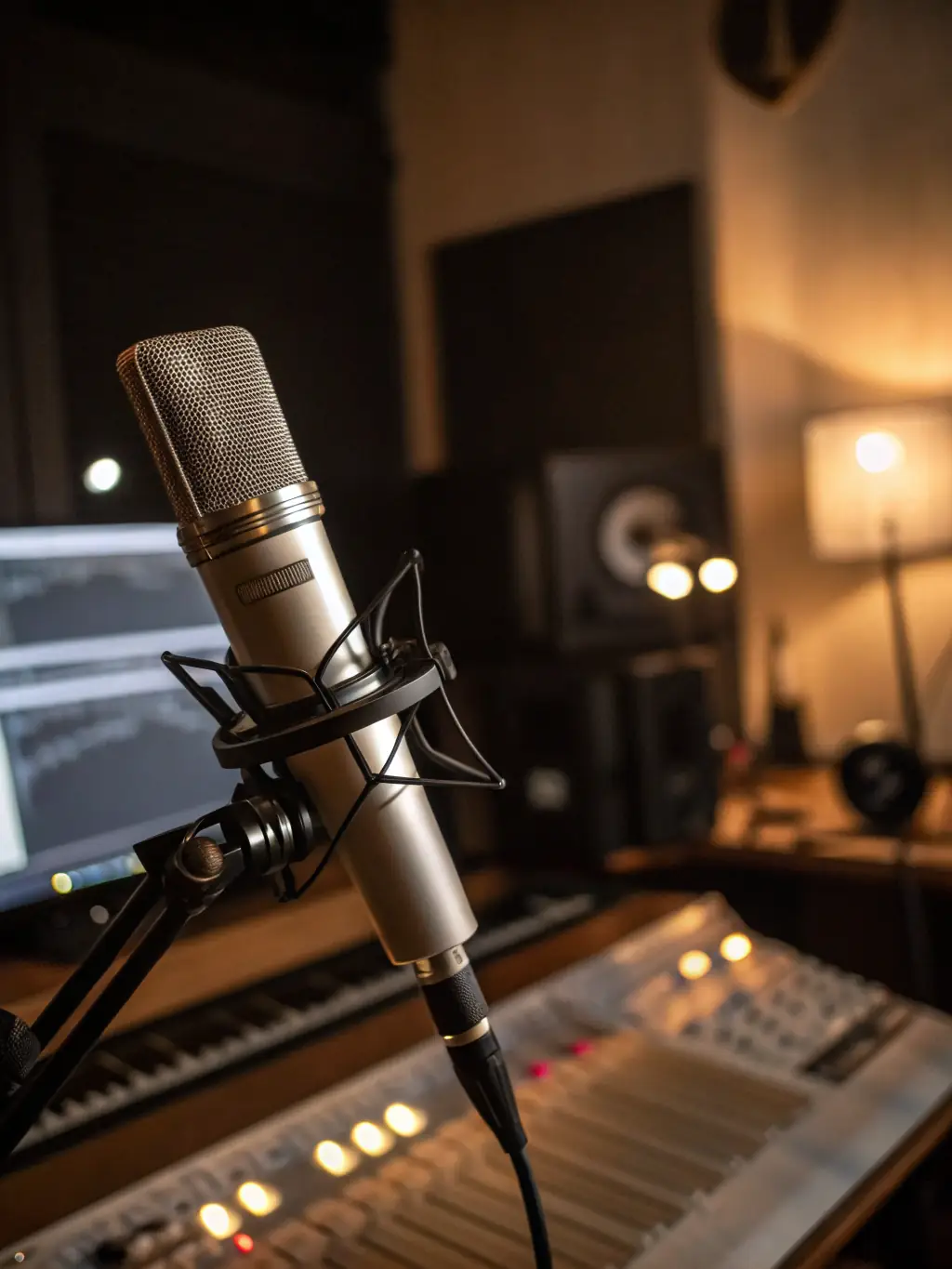 A hand holding a microphone during a recording session, with sound waves visualized on a computer screen, emphasizing audio quality and clarity.