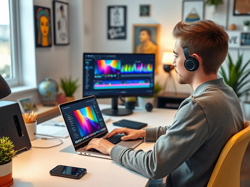 An image depicting a tutorial in action, showing a user engaged in multimedia creation on a computer, with a focus on step-by-step instructions and best practices.