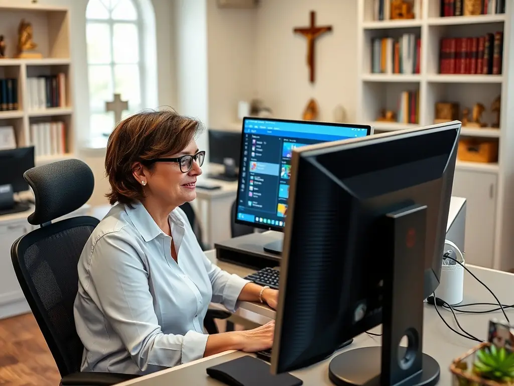 A professional photograph of a church administrator using the official church database system on a computer, showcasing data entry and management.